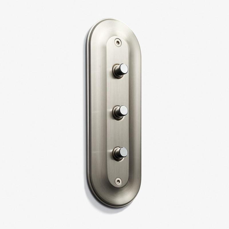 Press kit | 2630-05 - Press release | MELJAC enhances the edges of its lighting controls plates - MELJAC - Product - <p class="">Solid brass, Brushed Nickel finish</p><p class="">Machined edges</p><p class="">50x148x6 mm, 3 push buttons</p> - Photo credit: Meljac North America
