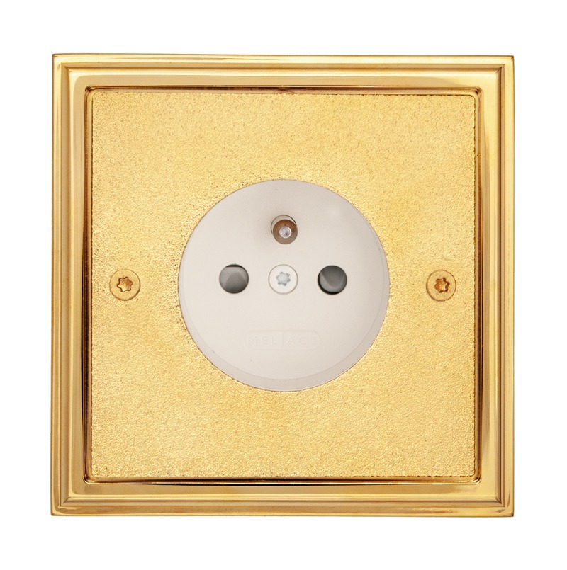 Press kit | 2630-05 - Press release | MELJAC enhances the edges of its lighting controls plates - MELJAC - Product - <p class="">Textured gilding over solid brass</p><p class="">Shiny gilded decorative plate</p><p class="">80x80x8 mm, 1 power outlet</p> - Photo credit: Meljac