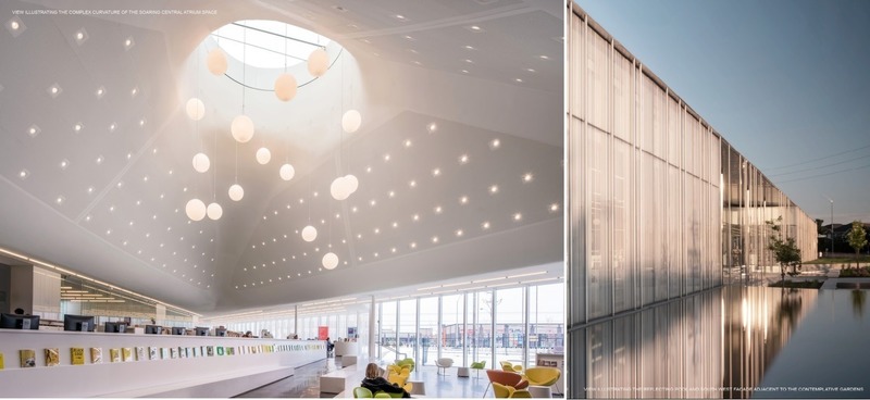 Dossier de presse | 1020-08 - Communiqué de presse | L'AAPC, l'ICU, et l'IRAC annoncent les lauréats des Prix nationaux de design urbain 2020 - L’Institut royal d’architecture du Canada (IRAC), l’Institut canadien des urbanistes (ICU) et l’Association des architectes paysagistes du Canada (AAPC) - Concours - Vue illustrant la courburecomplexe de l’atrium centraletvue illustrant le bassinréfléchissant et la façade sud-ouest adjacente aux jardinscontemplatifs - Crédit photo : Nic LeHoux and Sanjay Chauhan