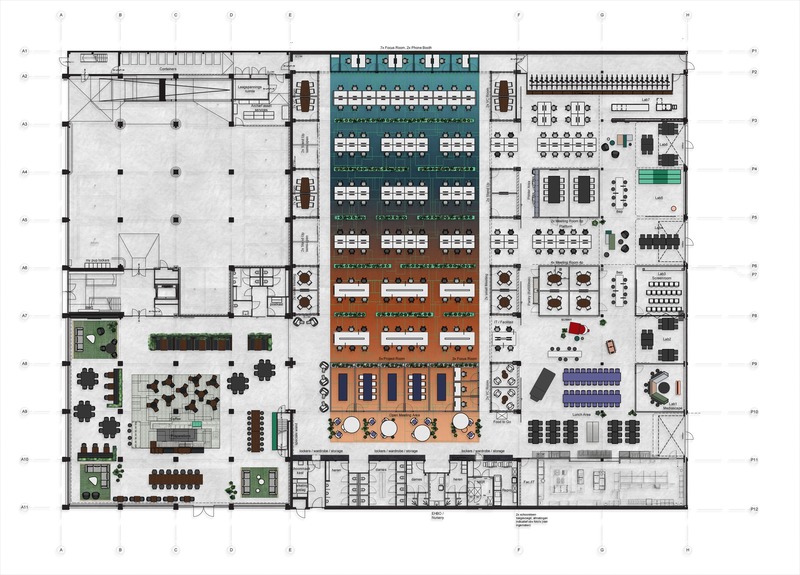 Dossier de presse | 4695-01 - Communiqué de presse | Sustainable transformed office The Core wins two Frame Awards - Large Office of the Year - CBRE Netherlands - Design d’intérieur commercial - Floor plan ground floor The Core – Top left: garage. Bottom left: Cafe. Centre: Workshop. Left: Client Lab. - Crédit photo : CBRE Netherlands