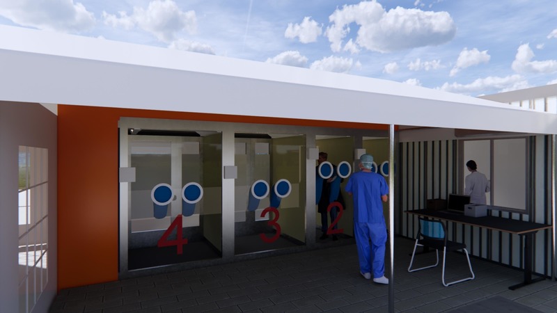 Dossier de presse | 1456-05 - Communiqué de presse | CannonDesign Creates Modular, Walk-in Booth Design for Coronavirus Testing - CannonDesign - Design d’intérieur commercial - Crédit photo : CannonDesign