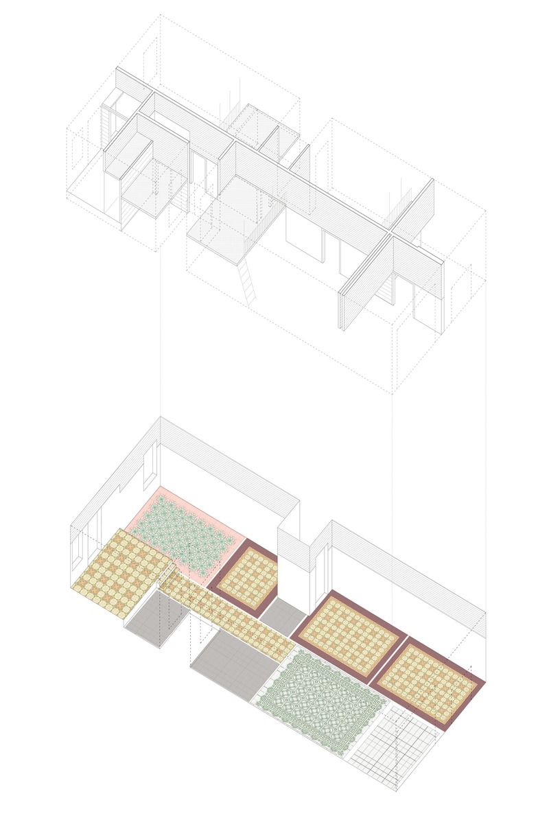 Dossier de presse | 4477-01 - Communiqué de presse | Vallirana 47. Hybrid superposition - vora - Design d’intérieur résidentiel - Axonometry. Ground floor - Crédit photo : vora