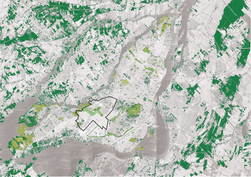 Dossier de presse | 2366-04 - Communiqué de presse | Un Corridor de biodiversité pour Montréal - civiliti, LAND Italia, Table Architecture, Biodiversité Conseil - Architecture de paysage -  Carte de Montréal montrant les milieux naturels de l'Île, l'Arrondissement Saint-Laurent et l'empreinte du futur Corridor de biodiversité<br>  - Crédit photo :  civiliti, LAND Italia, Table Architecture, Biodiversité Conseil 