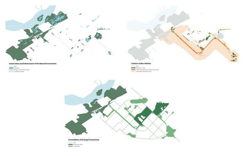 Dossier de presse | 2366-04 - Communiqué de presse | Un Corridor de biodiversité pour Montréal - civiliti, LAND Italia, Table Architecture, Biodiversité Conseil - Architecture de paysage -   Cartes thématiques illustrant diverses couches d'intervention<br>   - Crédit photo : civiliti, LAND Italia, Table Architecture, Biodiversité Conseil 