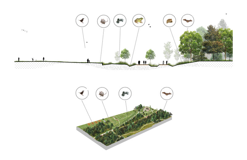 Dossier de presse | 2366-04 - Communiqué de presse | Un Corridor de biodiversité pour Montréal - civiliti, LAND Italia, Table Architecture, Biodiversité Conseil - Architecture de paysage -  Lien écologique, Parc Philippe-Laheurte, coupe et aperçu schématique <br>  - Crédit photo : civiliti, LAND Italia, Table Architecture, Biodiversité Conseil 