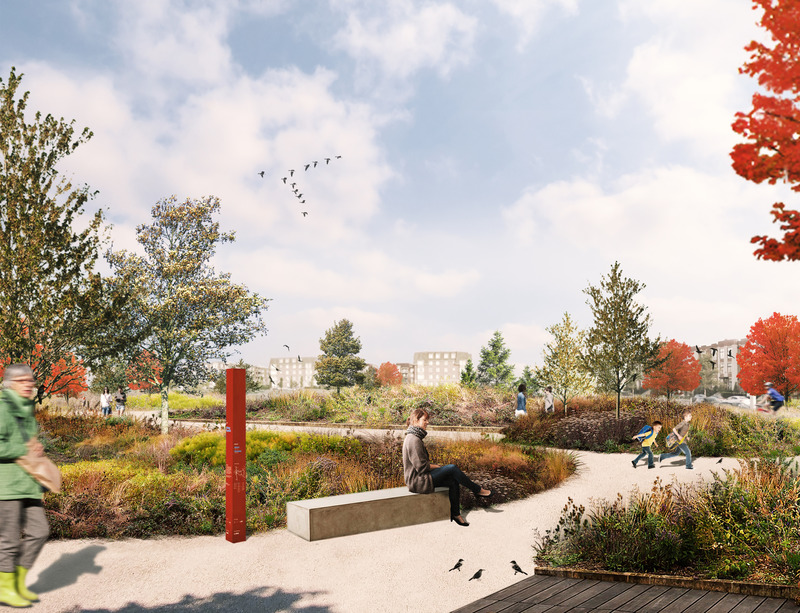 Dossier de presse | 2366-04 - Communiqué de presse | Un Corridor de biodiversité pour Montréal - civiliti, LAND Italia, Table Architecture, Biodiversité Conseil - Architecture de paysage -  Perspective, accès au Parc Philippe-Laheurte à partir du boulevard Cavendish - Crédit photo : civiliti, LAND Italia, Table Architecture, Biodiversité Conseil 