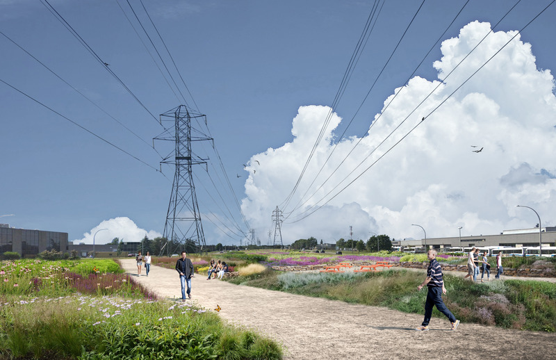 Dossier de presse | 2366-04 - Communiqué de presse | Un Corridor de biodiversité pour Montréal - civiliti, LAND Italia, Table Architecture, Biodiversité Conseil - Architecture de paysage -  Perspective, boulevard Thimens<br>  - Crédit photo : civiliti, LAND Italia, Table Architecture, Biodiversité Conseil 
