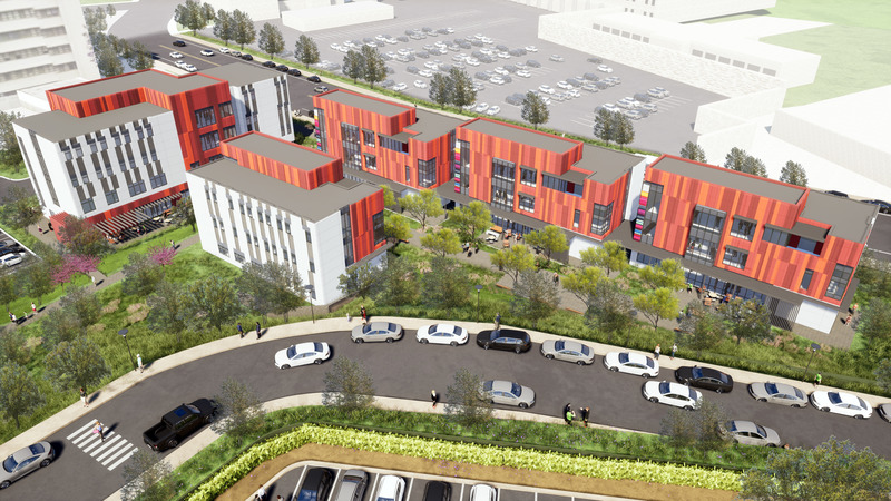 Press kit | 1456-13 - Press release | LAC+USC Restorative Care Village Will Provide Needed Resources for LA County’s Most Vulnerable Residents - CannonDesign - Urban Design - Aerial View of LAC+USC Restorative Care Village - Photo credit: CannonDesign