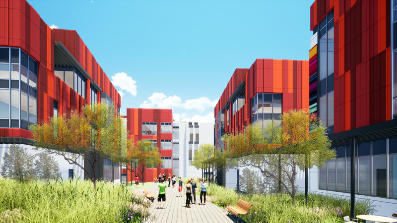 Press kit | 1456-13 - Press release | LAC+USC Restorative Care Village Will Provide Needed Resources for LA County’s Most Vulnerable Residents - CannonDesign - Urban Design - Courtyard setting - Photo credit: CannonDesign