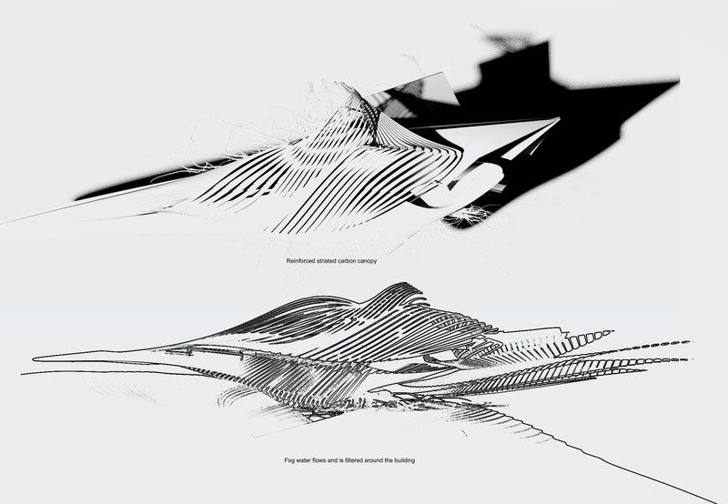 Dossier de presse | 2121-15 - Communiqué de presse | Fog harnessing spa and water irrigation plant - Margot Krasojević Architects - Architecture industrielle - Striated carbon canopy and water pipe network section - Crédit photo : Margot Krasojević