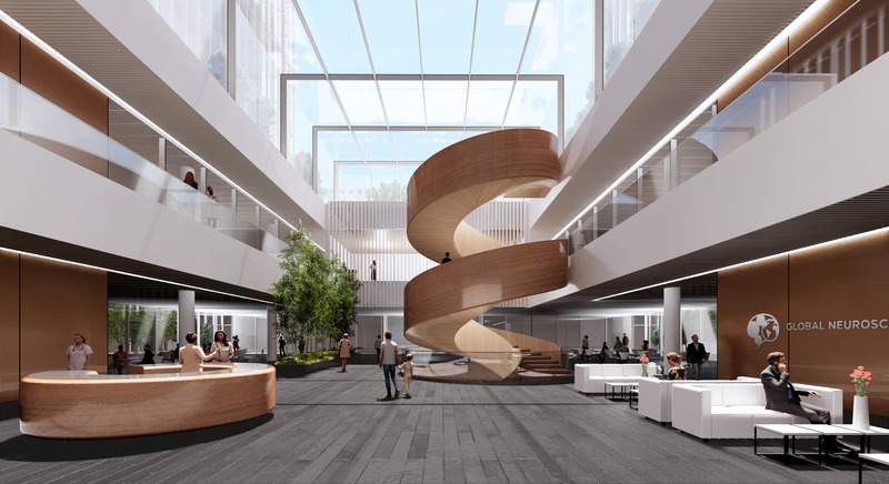 Press kit | 1456-15 - Press release | Philadelphia Neurologic Institute Will Be Department-Less Health Building that Redefines Patient Care - Yazdani Studio of CannonDesign - Commercial Architecture -   Philadelphia Neurologic Institute Lobby   - Photo credit: Yazdani Studio of CannonDesign