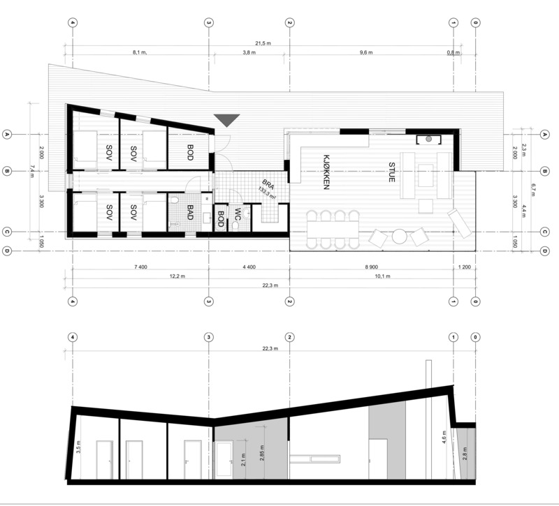 Dossier de presse | 2273-02 - Communiqué de presse | Senja - Bjørnådal Arkitektstudio - Architecture résidentielle - Plan &amp; section - Crédit photo : Bjørnådal Arkitektstudio
