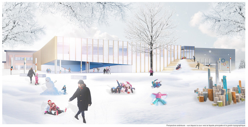 Dossier de presse | 4169-03 - Communiqué de presse | Concours d'architecture imaginons l'école de demain ensemble : Les concepts Lab-École dévoilés - Lab-École - Architecture institutionnelle - Gatineau - Perspective extérieure  - Crédit photo : DMA architectes<span></span>