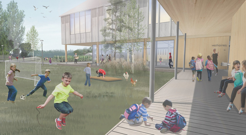 Dossier de presse | 4169-03 - Communiqué de presse | Concours d'architecture imaginons l'école de demain ensemble : Les concepts Lab-École dévoilés - Lab-École - Architecture institutionnelle - Maskinongé - Vue été - Crédit photo : Paquet - Taillefer et Leclerc architectes<span></span>