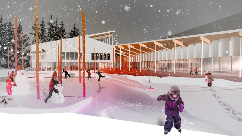 Dossier de presse | 4169-03 - Communiqué de presse | Concours d'architecture imaginons l'école de demain ensemble : Les concepts Lab-École dévoilés - Lab-École - Architecture institutionnelle - Rimouski - Perspective extérieure hiver - Crédit photo : L’ŒUF et Lapointe Magne et Associés<span></span>