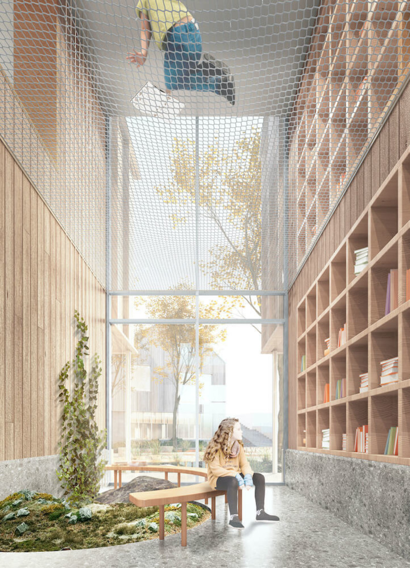 Dossier de presse | 4169-03 - Communiqué de presse | Concours d'architecture imaginons l'école de demain ensemble : Les concepts Lab-École dévoilés - Lab-École - Architecture institutionnelle - Saguenay- Vue intérieure - Crédit photo : Étienne Bernier architecture (EBA), APPAREIL Architecture et BGLA<span></span>