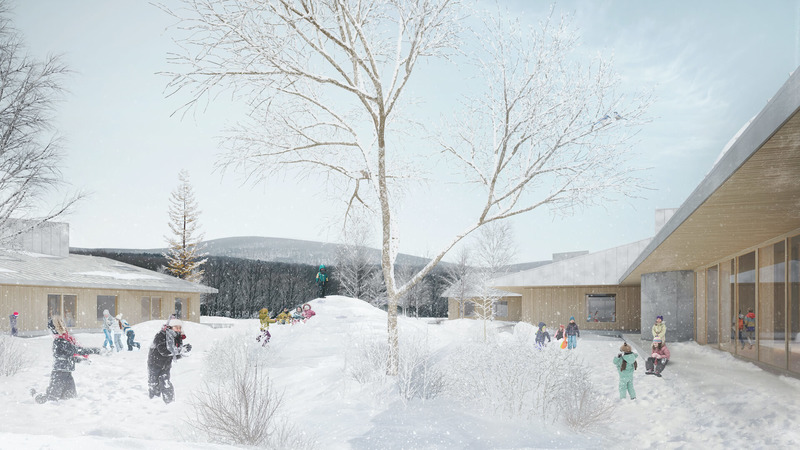Dossier de presse | 4169-03 - Communiqué de presse | Concours d'architecture imaginons l'école de demain ensemble : Les concepts Lab-École dévoilés - Lab-École - Architecture institutionnelle - Shefford - Vue extérieure hiver - Crédit photo : Pelletier de Fontenay et Leclerc architectes<span></span> 