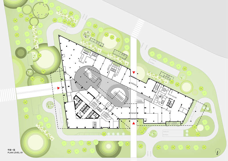 Press kit | 3565-01 - Press release | Shoukai Vanke Centre Beijing - CLOU architects - Commercial Architecture - Plan Level 1 - Photo credit: CLOU