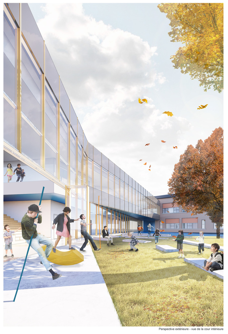 Press kit | 748-39 - Press release | The UQAM Centre de Design presents Devoirs d’architecture: 6 Elementary School Competitions in Quebec - Centre de design de l'UQAM - Institutional Architecture - Perspective of the interior courtyard of the winning project designed by DMA Architects for the Lab-École competition in Gatineau - Photo credit: Lab-École