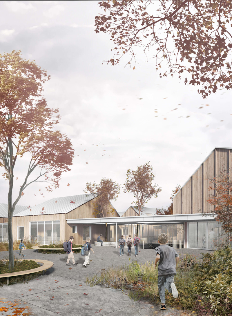Press kit | 748-39 - Press release | The UQAM Centre de Design presents Devoirs d’architecture: 6 Elementary School Competitions in Quebec - Centre de design de l'UQAM - Institutional Architecture - Perspective of the entrance of the winning project designed by APPAREIL Architecture + Étienne Bernier Architecture + BGLA, for the Lab-École competition in Saguenay - Photo credit: Lab-École