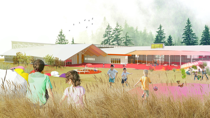 Press kit | 748-39 - Press release | The UQAM Centre de Design presents Devoirs d’architecture: 6 Elementary School Competitions in Quebec - Centre de design de l'UQAM - Institutional Architecture - Exterior perspective of the winning project designed by Lapointe Magne and Associates + L'ŒUF, for the Lab-École competition in Rimouski - Photo credit: Lab-École
