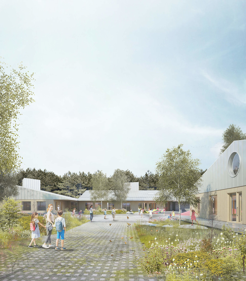 Press kit | 748-39 - Press release | The UQAM Centre de Design presents Devoirs d’architecture: 6 Elementary School Competitions in Quebec - Centre de design de l'UQAM - Institutional Architecture - Exterior perspective of the winning project designed by Pelletier de Fontenay + Leclerc Architect, for the Lab-École competition in Shefford - Photo credit: Lab-École
