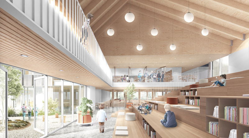 Press kit | 748-39 - Press release | The UQAM Centre de Design presents Devoirs d’architecture: 6 Elementary School Competitions in Quebec - Centre de design de l'UQAM - Institutional Architecture - Perspective of the bleachers of the winning project designed by APPAREIL Architecture + Étienne Bernier Architecture + BGLA, for the Lab-École competition in Saguenay - Photo credit: Lab-École