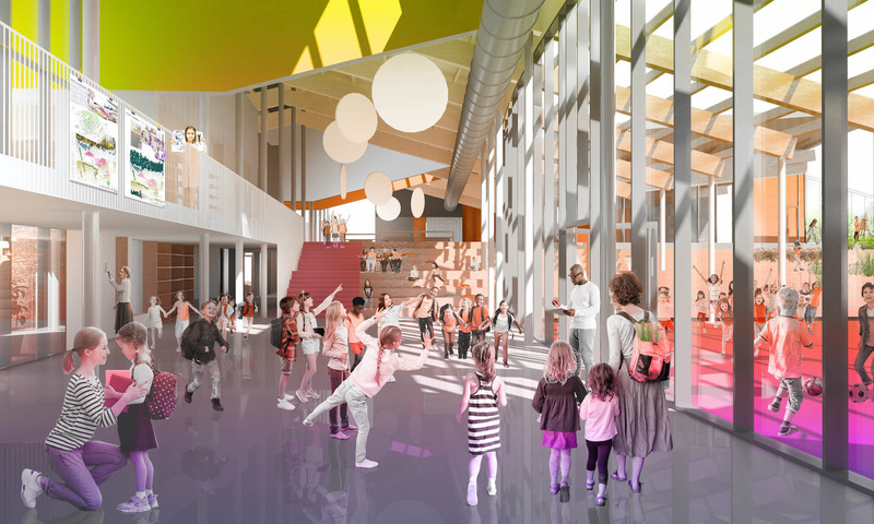 Press kit | 748-39 - Press release | The UQAM Centre de Design presents Devoirs d’architecture: 6 Elementary School Competitions in Quebec - Centre de design de l'UQAM - Institutional Architecture - Interior perspective of the winning project designed by Lapointe Magne and Associates + L'ŒUF, for the Lab-École competition in Rimouski - Photo credit: Lab-École