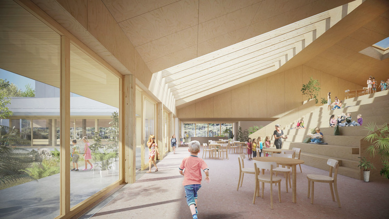 Press kit | 748-39 - Press release | The UQAM Centre de Design presents Devoirs d’architecture: 6 Elementary School Competitions in Quebec - Centre de design de l'UQAM - Institutional Architecture - Interior perspective of the winning project designed by Pelletier de Fontenay + Leclerc Architect, for the Lab-École competition in Shefford - Photo credit: Lab-École