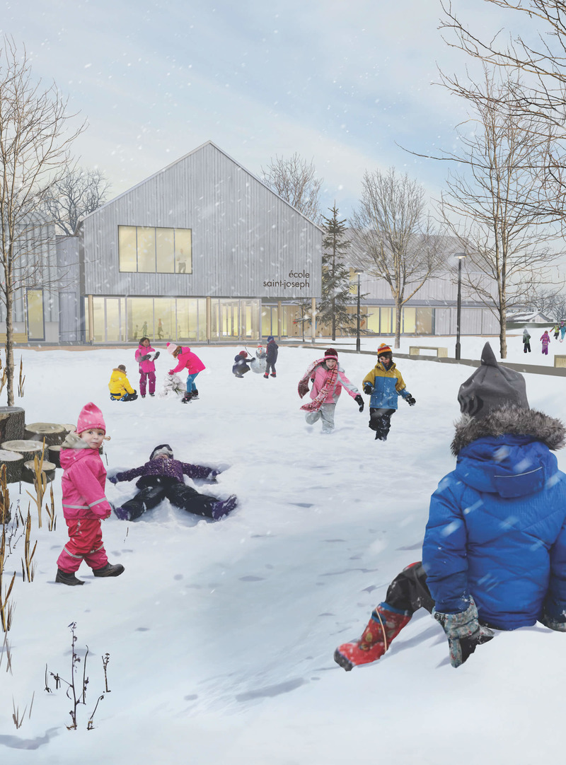 Press kit | 748-39 - Press release | The UQAM Centre de Design presents Devoirs d’architecture: 6 Elementary School Competitions in Quebec - Centre de design de l'UQAM - Institutional Architecture - Winter exterior view of the winning project designed by the consortium Lucie Paquet + Paulette Taillefer + Leclerc Architects, for the Lab-École competition in Maskinongé - Photo credit: Lab-École