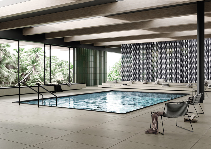 Press kit | 2506-07 - Press release | Agrob Buchtal Cooperates With Designer Sebastian Herkner - AGROB BUCHTAL - Product - Area Pro also includes numerous variants for so-called "wet barefoot areas" such as showers, saunas, changing rooms or pool surrounds (here: format 60x120 cm / colour stone).  - Photo credit: agrob-buchtal.de
