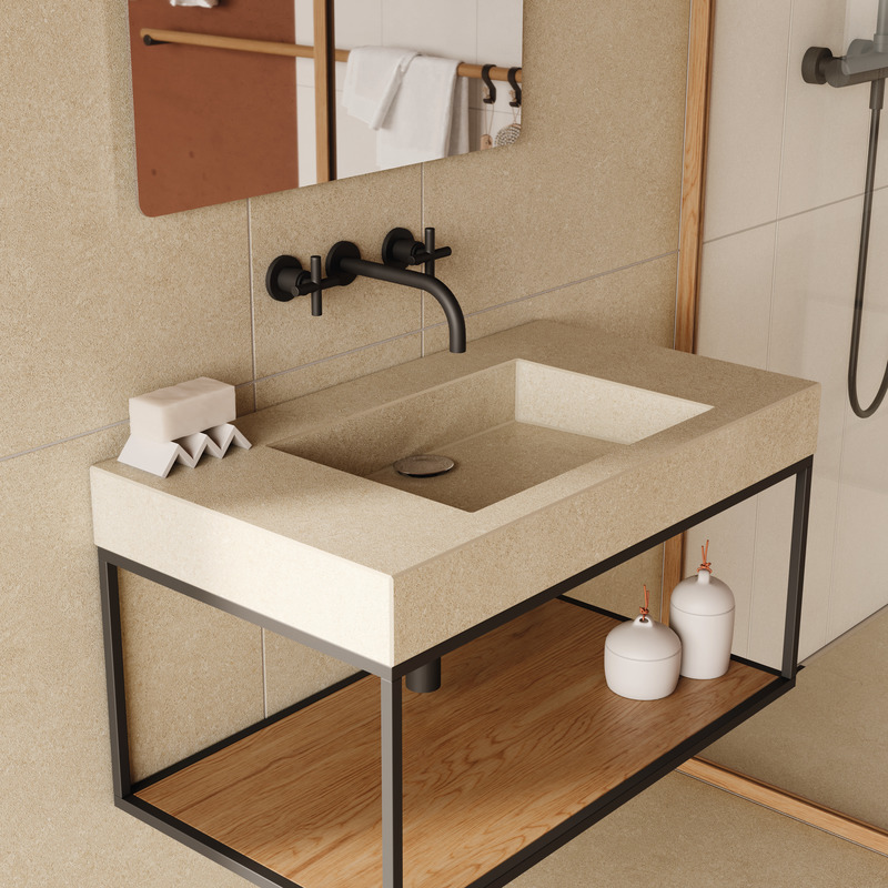 Press kit | 2506-07 - Press release | Agrob Buchtal Cooperates With Designer Sebastian Herkner - AGROB BUCHTAL - Product - For sanitary areas of hotels, fitness centres, golf clubs etc. or upscale housing construction, the new series offers attractive options such as jointless shower floors and ceramic washbasins (here: colour sand-beige) for holistic room concepts. - Photo credit: agrob-buchtal.de