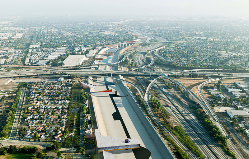 Dossier de presse | 5301-02 - Communiqué de presse | LA River - Ballman Khapalova - Design urbain - Aerial View at the Century Freeway Overpass, between Paramount and Lynwood - Crédit photo : Lane Barden