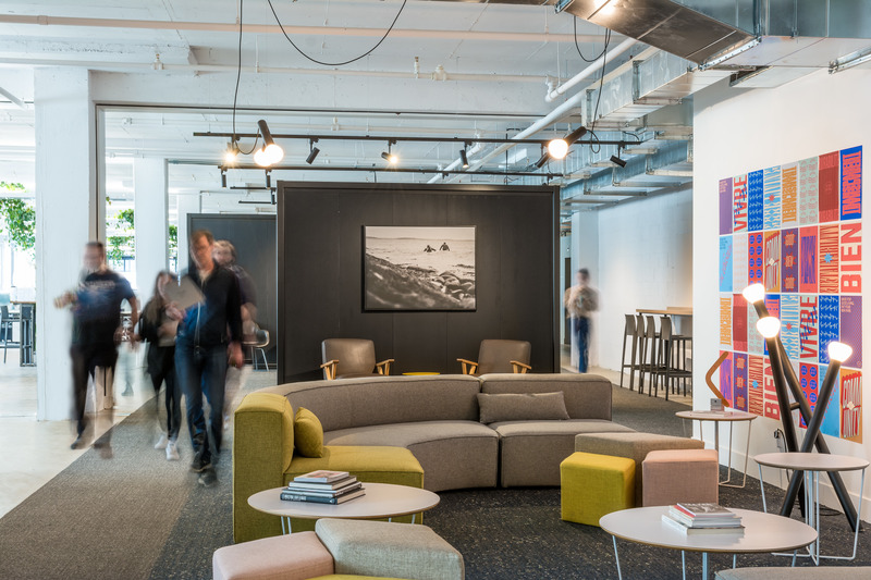 Press kit | 2403-03 - Press release | Frank and Oak Workshop - Imperatori Design - Commercial Interior Design - <p class="">The pathway leading to the workspaces is flanked by architectural cubes providing quiet havens for all to use</p> - Photo credit: Ray Van Dusen