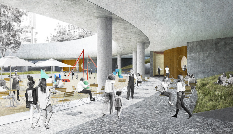 Dossier de presse | 5301-03 - Communiqué de presse | St. John's Park - Ballman Khapalova - Design urbain -  View at Arcade Below Roadway with Outdoor Restaurant/Cafe Seating and Playground  - Crédit photo : Ballman Khapalova