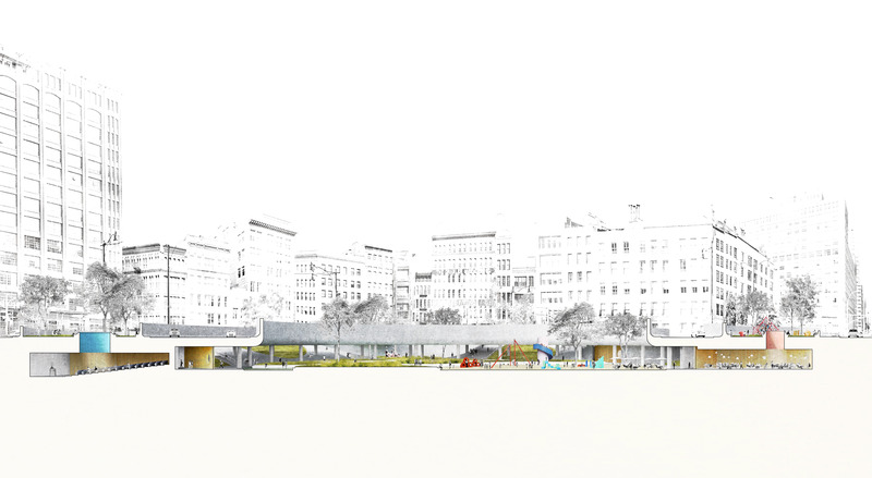 Dossier de presse | 5301-03 - Communiqué de presse | St. John's Park - Ballman Khapalova - Design urbain - Section through Street Level Gardens, Interior Spaces, and Lower Park - Crédit photo : Ballman Khapalova