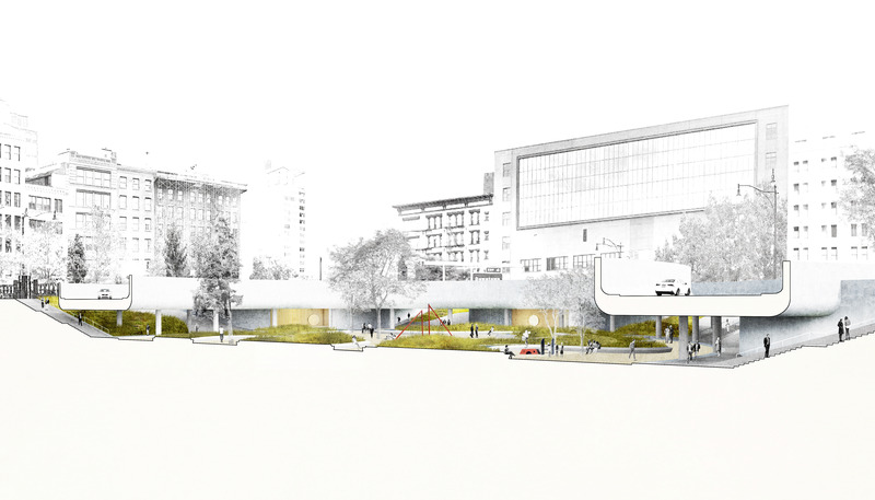 Dossier de presse | 5301-03 - Communiqué de presse | St. John's Park - Ballman Khapalova - Design urbain - Perspective Section through Connective Stairs, Roadway, and Central Lower Park - Crédit photo : Ballman Khapalova