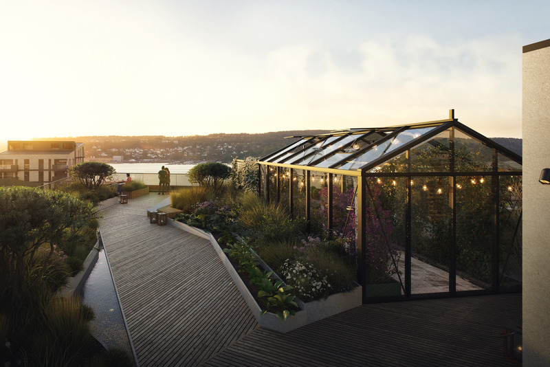 Press kit | 1378-01 - Press release | AART Designs a Paper-Like Landmark Building in Norway - AART - Residential Architecture - The roof top terrace has a greenhouse for the residents to enjoy. - Photo credit: Eve Images