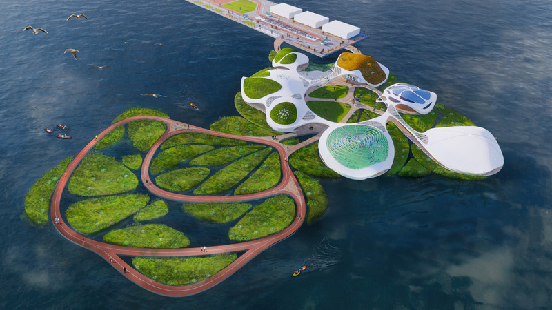 Dossier de presse | 2193-04 - Communiqué de presse | #WeThePlanet Campus - 3deluxe - Architecture commerciale - The floating building complex is aimed at serving as an inspiring example for future life, communicative living and working environments. - Crédit photo : © by 3deluxe