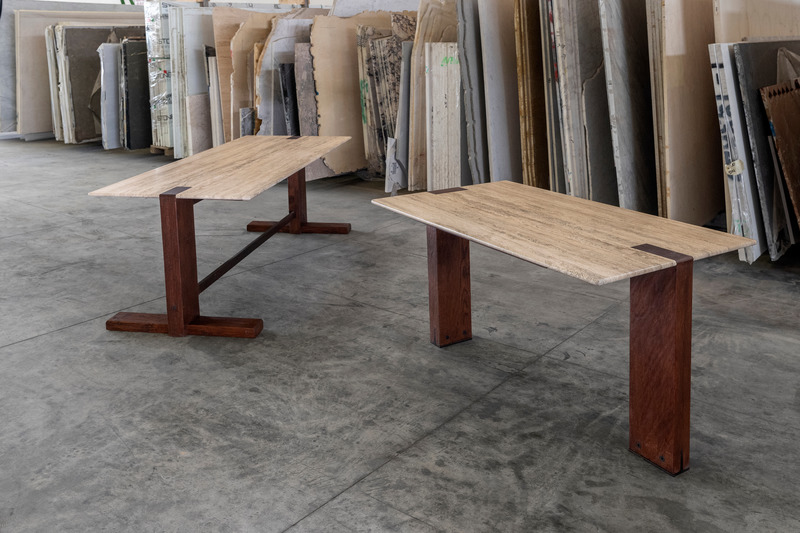 Press kit | 5594-01 - Press release | KOL by A-nrd studio - A-nrd studio - Commercial Interior Design - Bespoke modernist silver travertine tables with oak interlocking legs - shot in the Italian artisan workshop - Photo credit: Atelier Orlandi