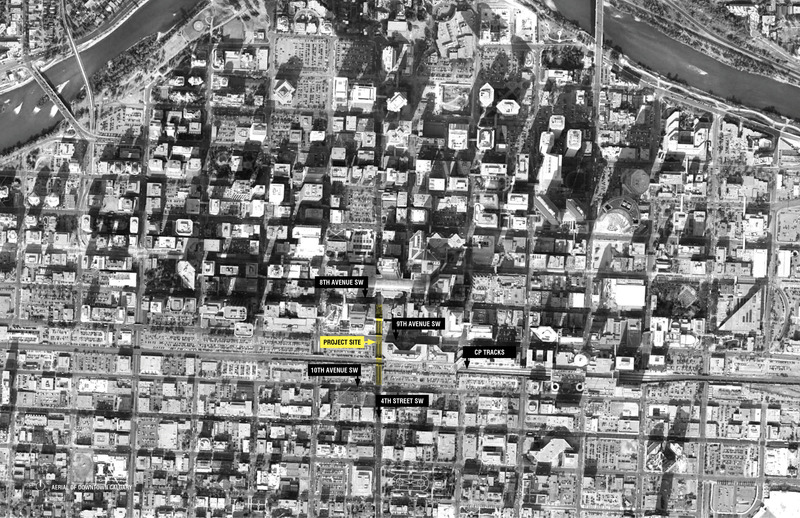 Press kit | 2016-01 - Press release | Calgary embraces design - the marc boutin architectural collaborative - Urban Design - Aerial view showing Downtown and CPR corridor<br style=""> - Photo credit: mbac (Google photo)<br>