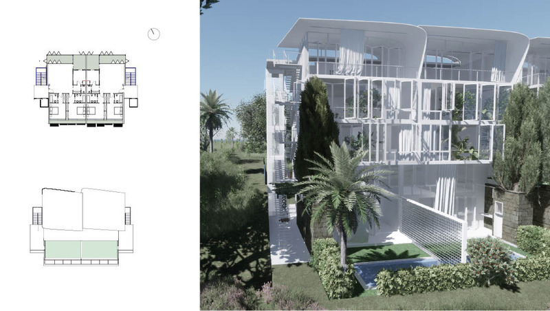 Press kit | 1136-08 - Press release | Domaine de l'Anse Sauvage: Towards an Architecture of Link and Interdependence - Philippe Barriere Collective - Residential Architecture -  <p style="">Typologies of Spaces according to Cardinal Orientation and Levels:<br>- Winter Garden (NE Facade, with accordion window, nursery for the garden)<br>- Ganaria (South façade, bioclimatic buffer space)<br>- Living loggia terrace (with double-track exterior curtain)<br>- Roof-garden planted (species complementing those of the garden)<br>- double skin loggia<br>- Individual habitable garden.<br style=""></p>  - Photo credit:  Philippe Barriere Collective (Mamary Coulibaly, Farouk Dine, Mohamed Yahmadi, Philippe Barriere)  