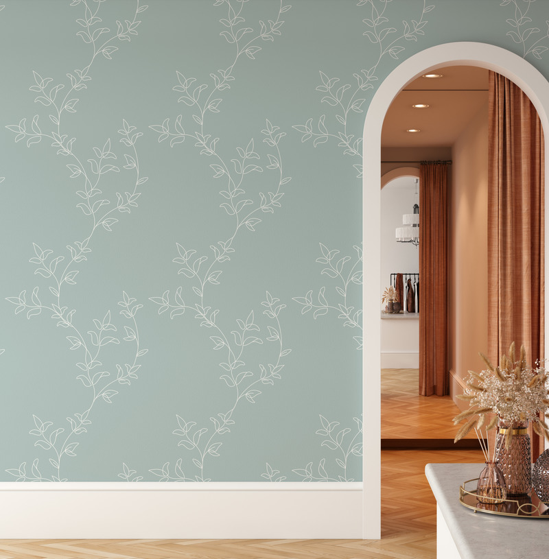 Dossier de presse | 5619-01 - Communiqué de presse | MERAKI : une nouvelle tapisserie adhésive signée par des artistes et designers du Québec - Pigment Design - Design d’intérieur résidentiel - <p> Végétal vertical </p><p>Choix de couleur : menthe </p> - Crédit photo : MERAKI
