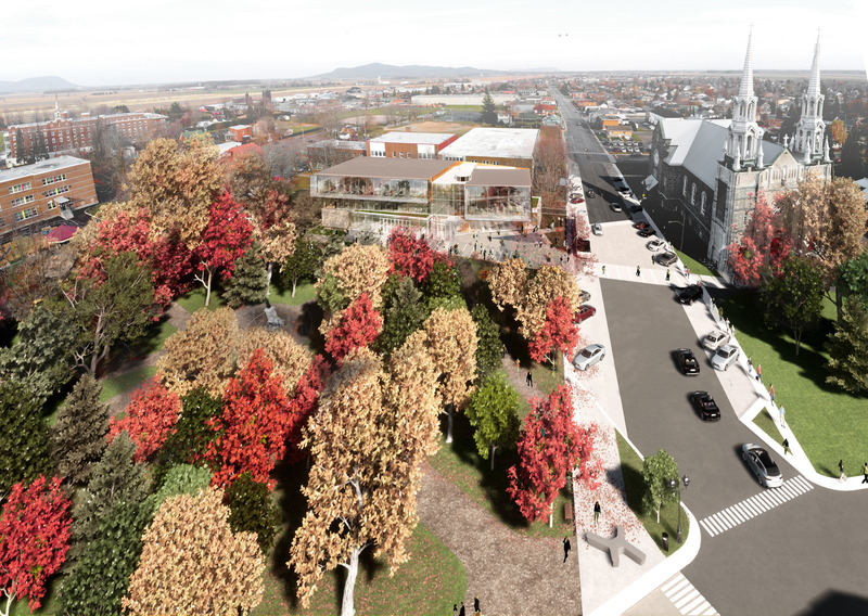 Dossier de presse | 2263-05 - Communiqué de presse | Marieville célèbre son passé en misant sur le futur - Anne Carrier Architectes - Architecture institutionnelle -   Vue d'ensemble du projet, de l'église et du parc à proximité <br>   - Crédit photo :  ACA 