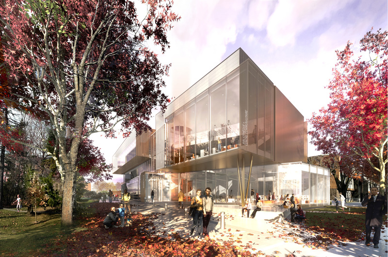Dossier de presse | 2263-05 - Communiqué de presse | Marieville célèbre son passé en misant sur le futur - Anne Carrier Architectes - Architecture institutionnelle -   Vue du volume de la bibliothèque et de l'entrée centrale<br>   - Crédit photo :  ACA 
