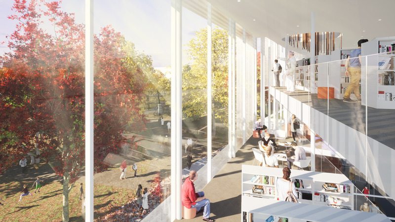 Dossier de presse | 2263-05 - Communiqué de presse | Marieville célèbre son passé en misant sur le futur - Anne Carrier Architectes - Architecture institutionnelle -   Perspective des deux derniers étages de la bibliothèque, avec vue sur le parc<br>   - Crédit photo :  ACA 