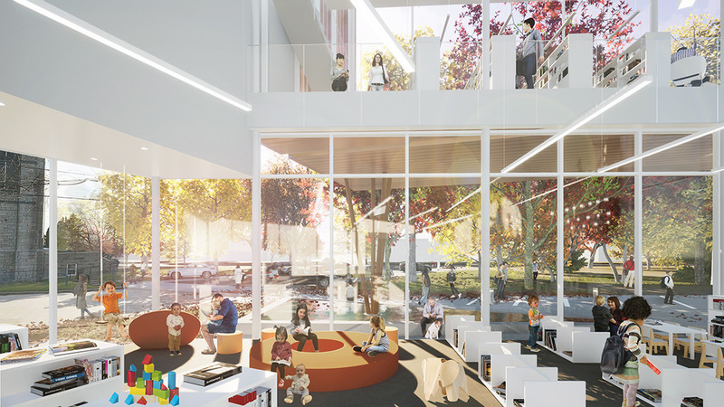 Dossier de presse | 2263-05 - Communiqué de presse | Marieville célèbre son passé en misant sur le futur - Anne Carrier Architectes - Architecture institutionnelle -   Accueil de la bibliothèque et coin enfants au rez-de-chaussée<br>   - Crédit photo :  ACA 