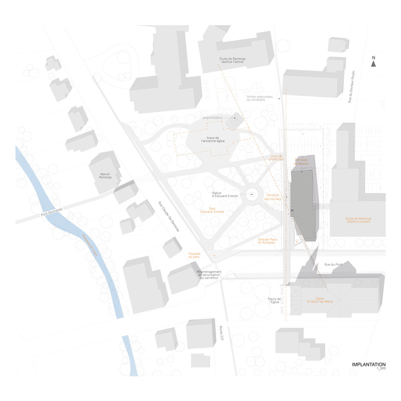 Dossier de presse | 2263-05 - Communiqué de presse | Marieville célèbre son passé en misant sur le futur - Anne Carrier Architectes - Architecture institutionnelle -  Plan d'implantation montrant les principaux points de repère ayant inspiré le concept architectural<br>  - Crédit photo :  ACA 