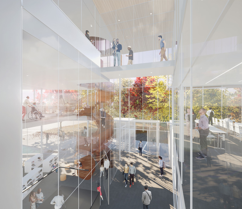 Dossier de presse | 2263-05 - Communiqué de presse | Marieville célèbre son passé en misant sur le futur - Anne Carrier Architectes - Architecture institutionnelle -  Perspective du hall d'entrée<br style="">  - Crédit photo :  ACA 