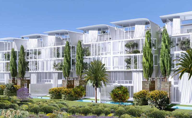 Press kit | 1136-08 - Press release | Domaine de l'Anse Sauvage: Towards an Architecture of Link and Interdependence - Philippe Barriere Collective - Residential Architecture -  Building A - Typical Bloc -NNE façade - (Direct view on the bay)  - Photo credit:  Philippe Barriere Collective (Mamary Coulibaly, Farouk Dine, Mohamed Yahmadi, Philippe Barriere) 